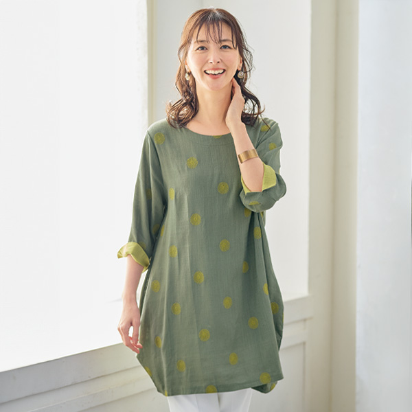 麻混ドット柄刺しゅうチュニック