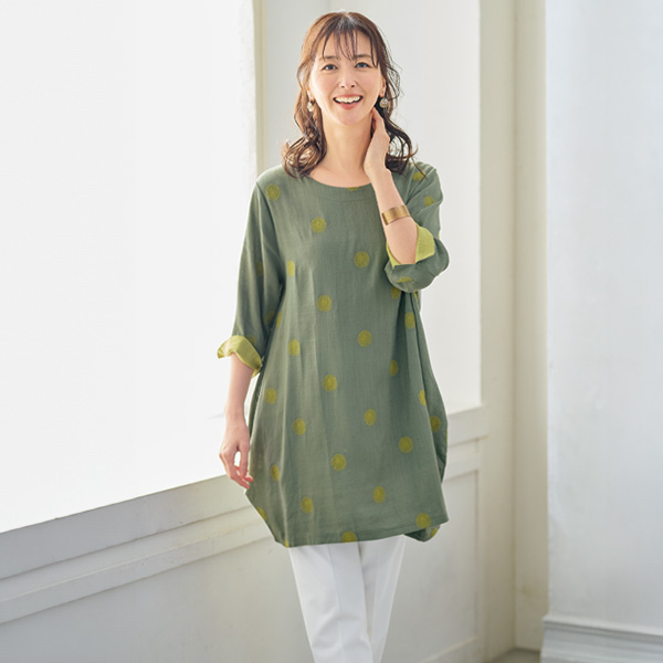 麻混ドット柄刺しゅうチュニック