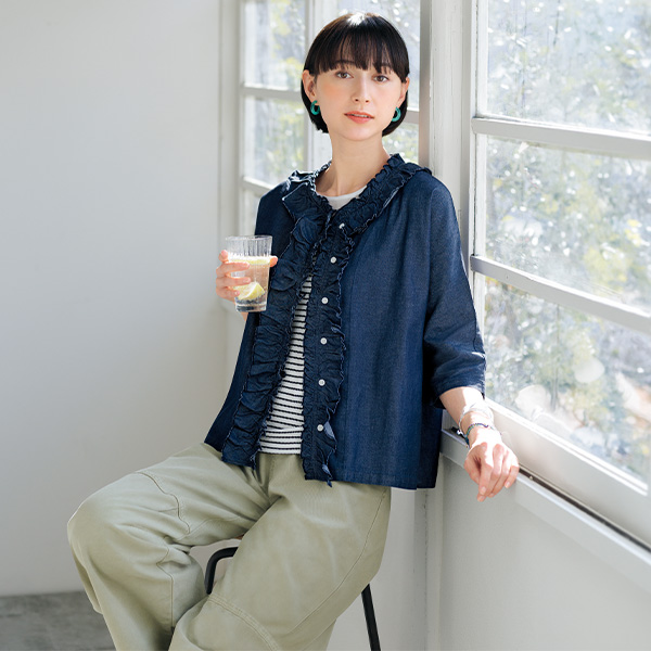 ツチエ コットンダンガリーフリルブラウス TUTIE.