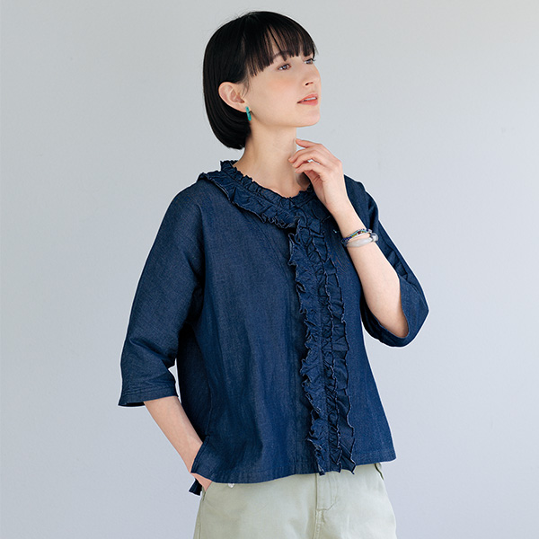 ツチエ コットンダンガリーフリルブラウス TUTIE.
