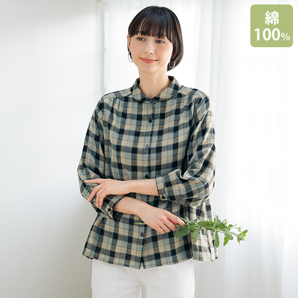 やわらかガーゼの格子柄ブラウス