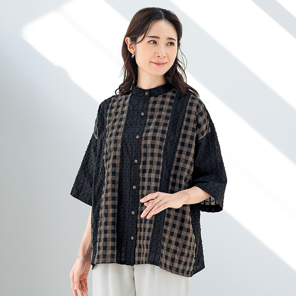 サッカー＆ドビー織切替えゆるっとブラウス