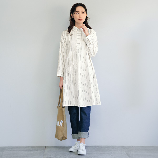襟付縞織シャツチュニック