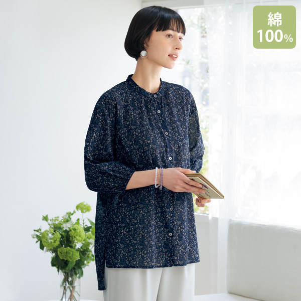 リーフ柄シアーコットンブラウス