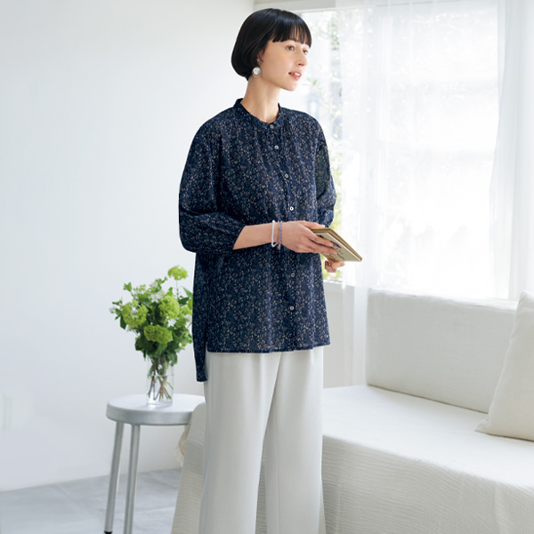 リーフ柄シアーコットンブラウス