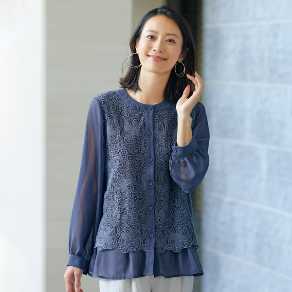 レース重ねシフォンブラウス