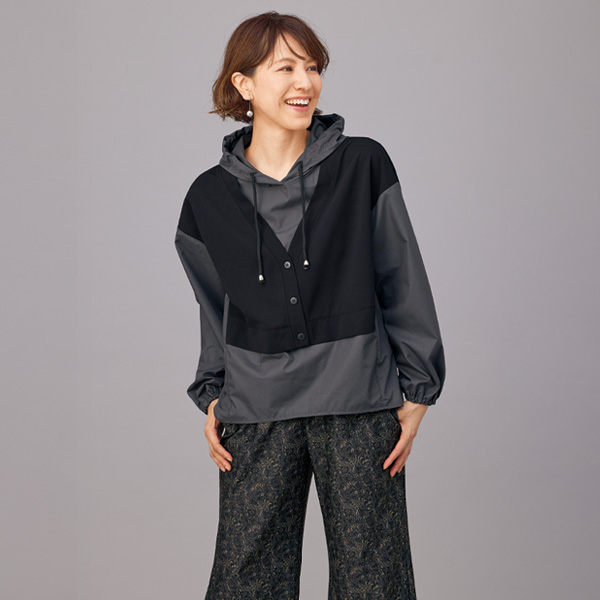 重ね着風フード付ブラウス