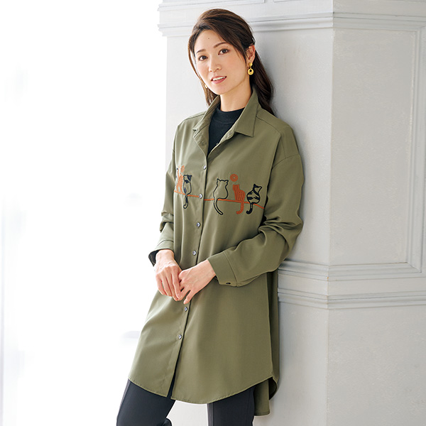ネコ刺しゅうロングシャツジャケット