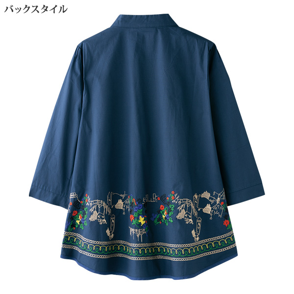 コットン刺しゅう使い バンドカラーブラウス