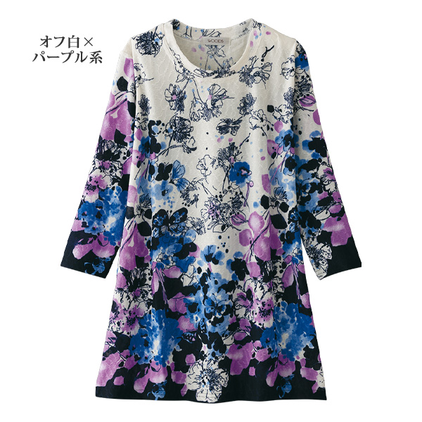 ジャカードストレッチカットソー パネルプリントチュニック / 大きいサイズ M L LL 3L