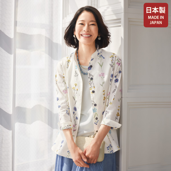 麻綿プリントスタンド襟ブラウス