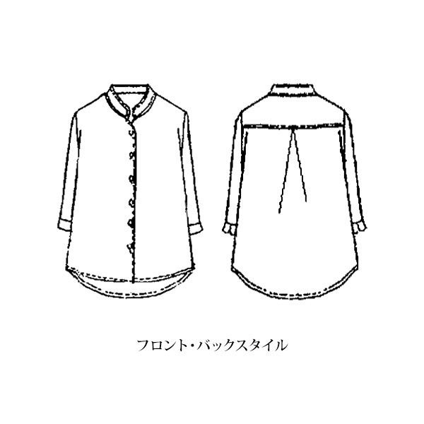 麻綿プリントスタンド襟ブラウス