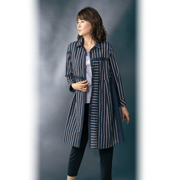 ストライプ切替え ロングシャツジャケット
