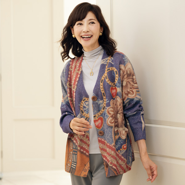 総柄シャギーカーディガン