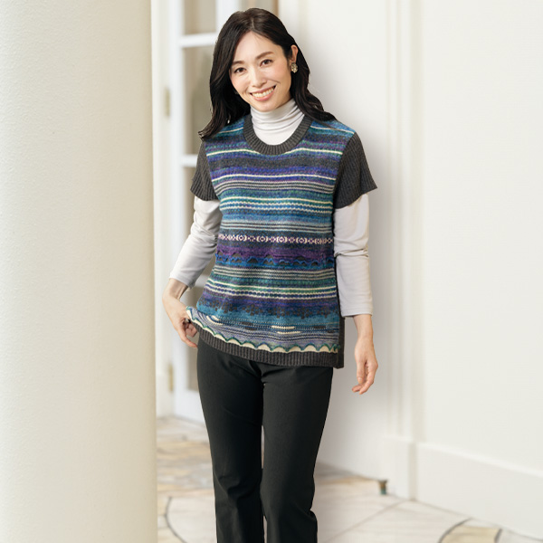 かすり使い キャップスリーブニットベスト