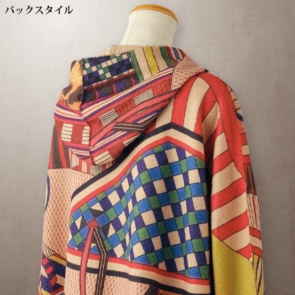 フード付プリント ロングニットジャケット
