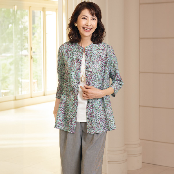 小花柄バンドカラーロングシャツ