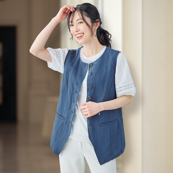 綿麻多ボタンベスト