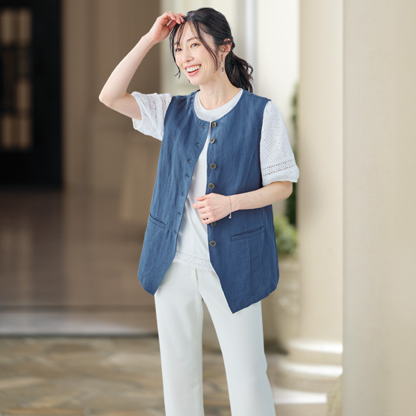 綿麻多ボタンベスト