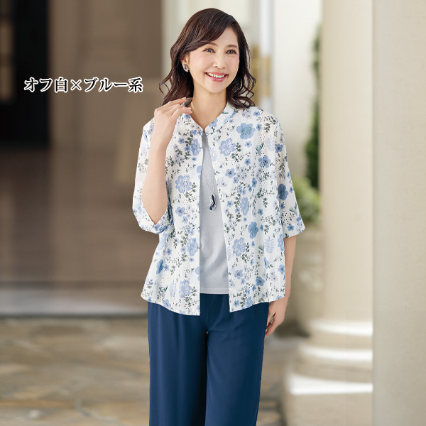 綿レースプリントブラウス