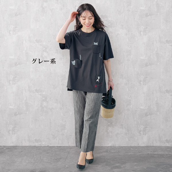 麻混かすり織りワイドパンツ 大きいサイズ M L LL 3L