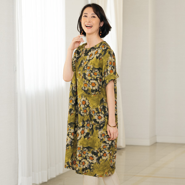 綿麻 花柄コクーンワンピース