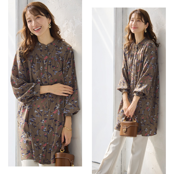ヨーク切替え花柄プリントシャツチュニック