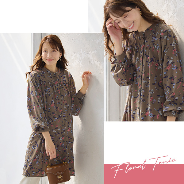 ヨーク切替え花柄プリントシャツチュニック