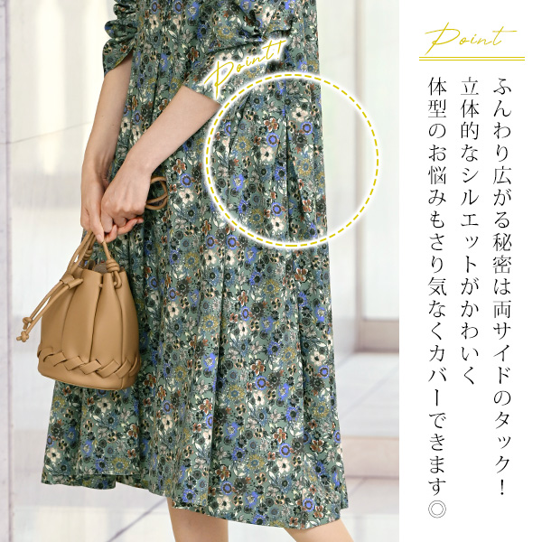 襟付き微起毛花柄ワンピース