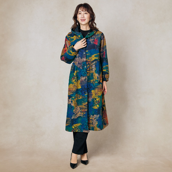 裏フリース使いプリントロングコート