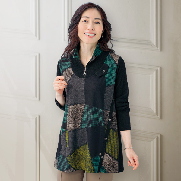 襟ファスナー使いロングプルオーバー