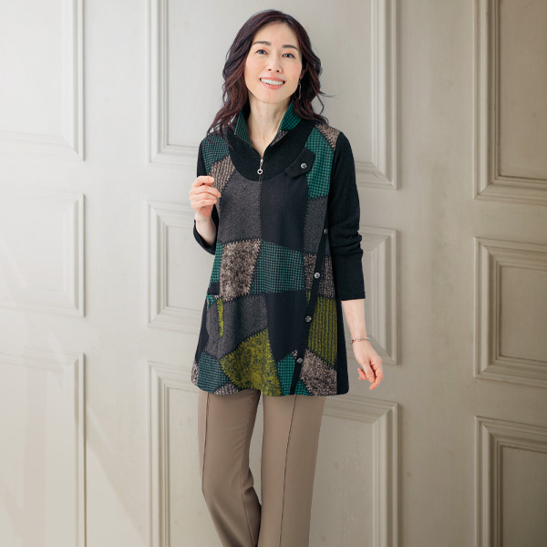 襟ファスナー使いロングプルオーバー