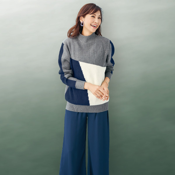 配色ニットロングセーター