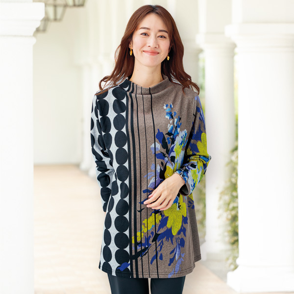 花柄×ドット柄パネルプリントチュニック