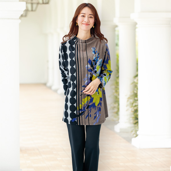 花柄×ドット柄パネルプリントチュニック