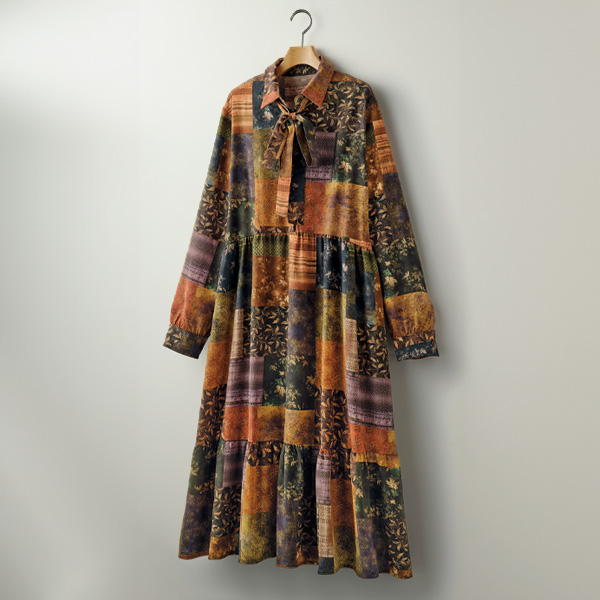 パッチワーク風プリントワンピース
