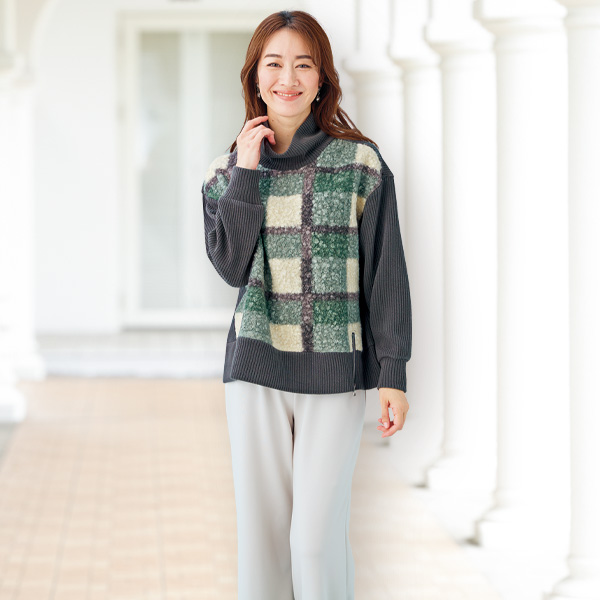 ループブークレ格子柄切替えカットソープルオーバー