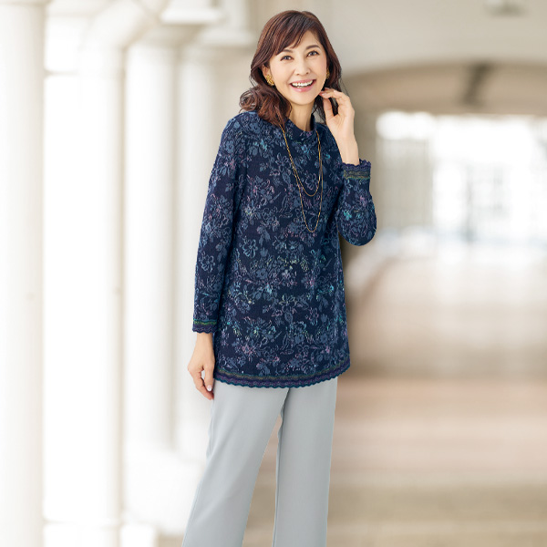 ウール混ジャカードかすりニットプルオーバー