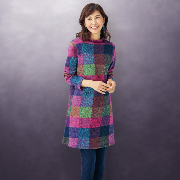裏起毛ブロック柄カットソーチュニック