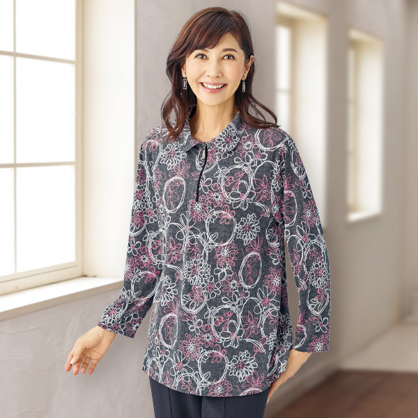 襟付プリントチュニック