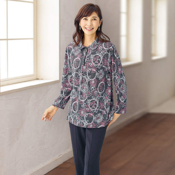 襟付プリントチュニック