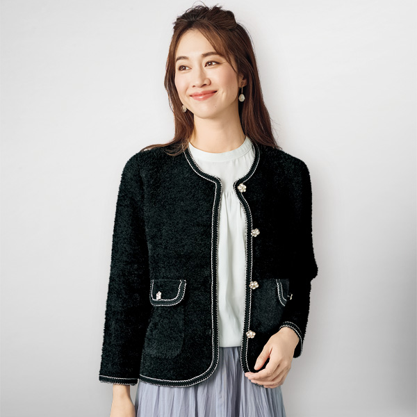 ノーカラーニットジャケット