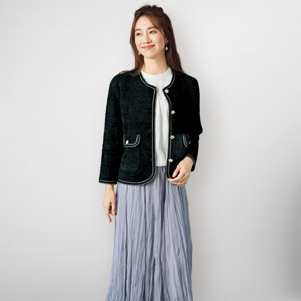 ノーカラーニットジャケット