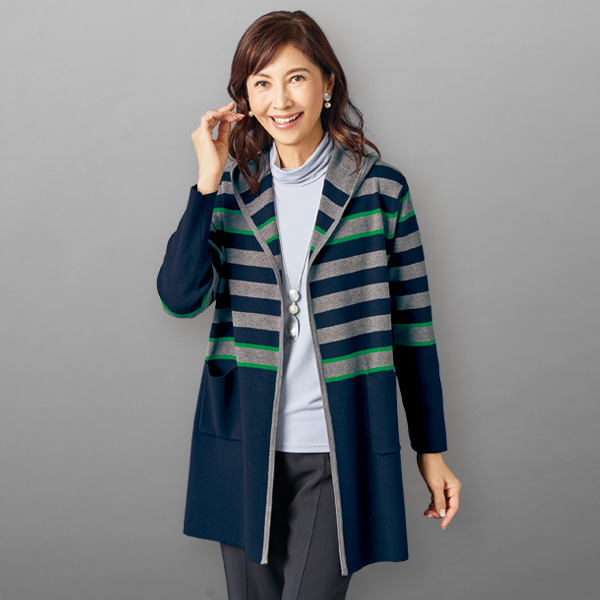 フード付ボーダーニットジャケット