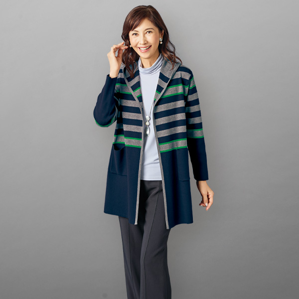 フード付ボーダーニットジャケット