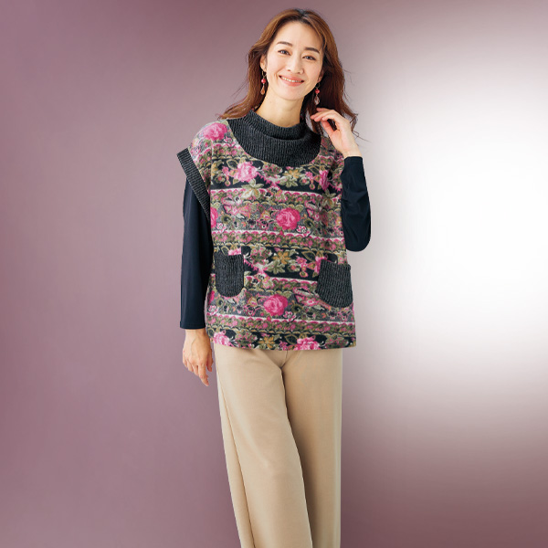 花柄切替えポンチョ風ベスト