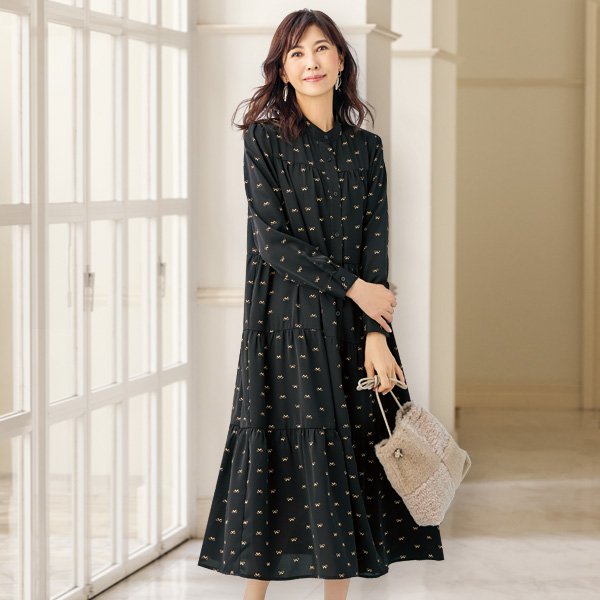 リボン柄ティアードワンピース