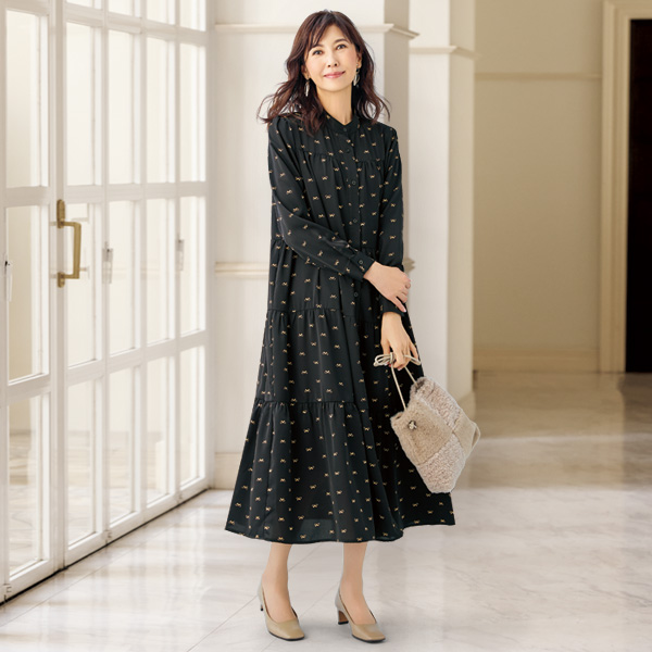 リボン柄ティアードワンピース