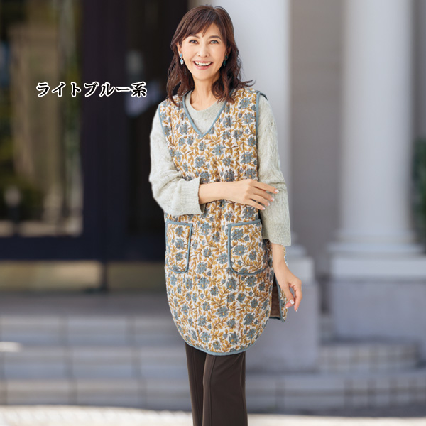 裏シャギーブロックプリントキルトベスト