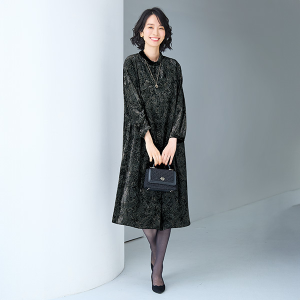 ストレッチベロア ハンドルプリントワンピース 大きいサイズ M LL 4L